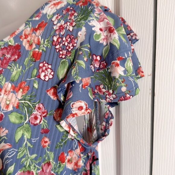 Fyve Floral Silky Blue Top Blouse Shirt Boho Ribbed Design Small S NWT - Picture 4 of 6